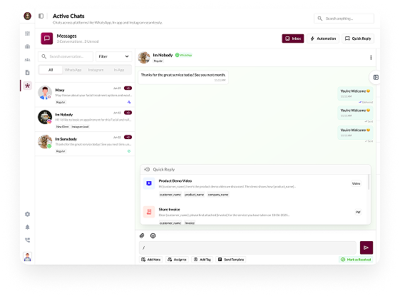 Automation & Quick Replies - Let Cleomitra do the repetitive work for you.Automate replies, follow-ups, and reminders with smart templates.